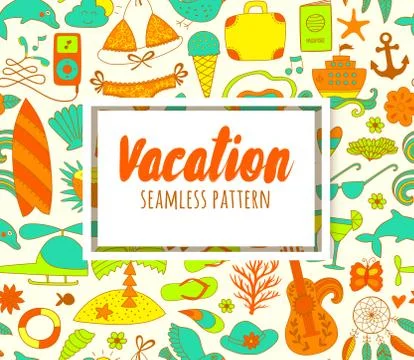 Summer vacation set doodle elements, seamless pattern Illustrazione stock