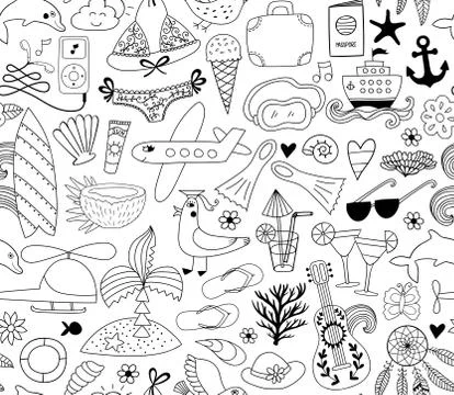 Summer vacation set doodle elements, seamless pattern Illustrazione stock