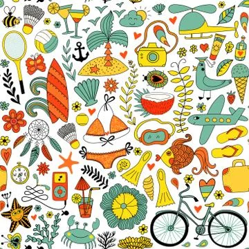 Summer vacation set doodle elements, seamless pattern Illustrazione stock