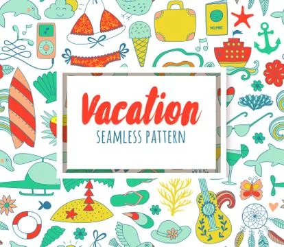 Summer vacation set doodle elements, seamless pattern Illustrazione stock