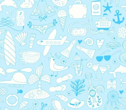 Summer vacation set doodle elements, seamless pattern Illustrazione stock