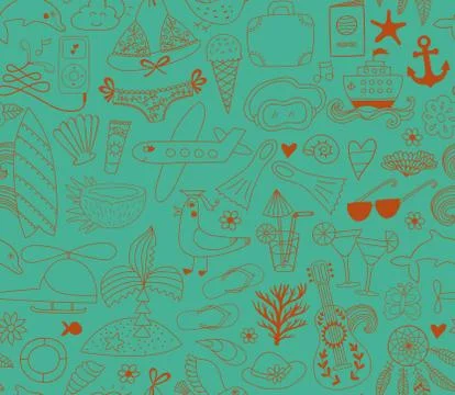Summer vacation set doodle elements, seamless pattern Stockillustratie