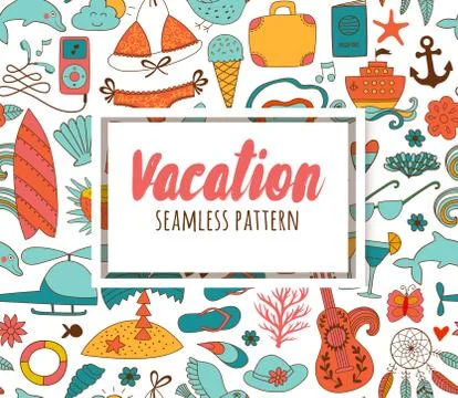 Summer vacation set doodle elements, seamless pattern Stock Illustration