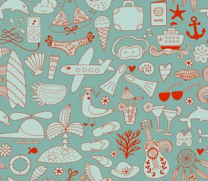 Summer vacation set doodle elements, seamless pattern Stock Illustration