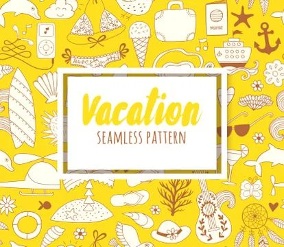 Summer vacation set doodle elements, seamless pattern Stock Illustration