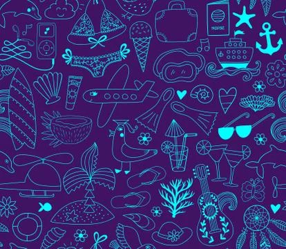 Summer vacation set doodle elements, seamless pattern Illustrazione stock