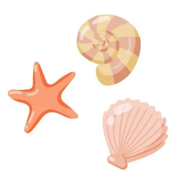 Summer vacation set of isolated shells on white background. Flat style vect.. Stock Illustration