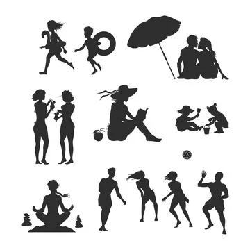 Summer vacation silhouettes. Beach activity scene. Portrait of people resting Stock Illustration