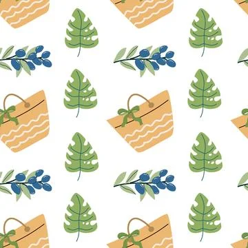 Summer vacation sticker pattern with tropical leaves and beach bags for crafting 库存插图