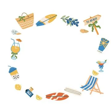 Summer vacation sticker set with beach and travel icons for creative design Stock-Illustration