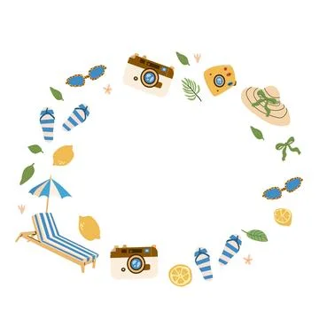 Summer vacation sticker set featuring beach elements and travel icons for Stock Illustration