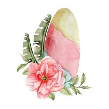 Summer vacation surf with pink flowers and green palm leaves watercolor paint Stock Photos