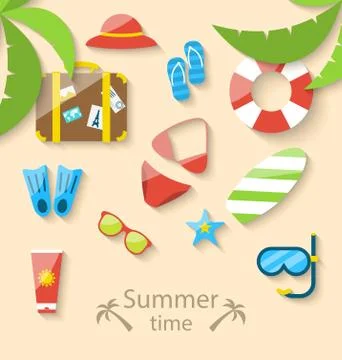Summer vacation time with flat set colorful simple icons Stock Illustration