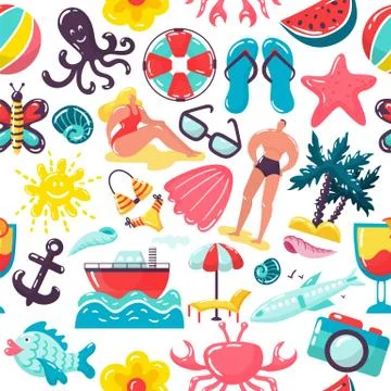 Summer vacation travel pattern design, vector illustration. People man woman in イラスト素材