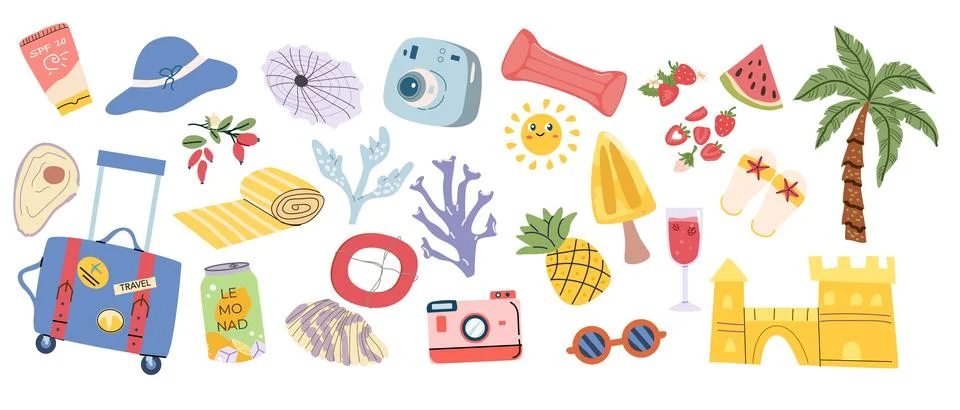 Summer vacation tropical elements set. Plane suitcase, lemonad, summer drinks Stock Illustration
