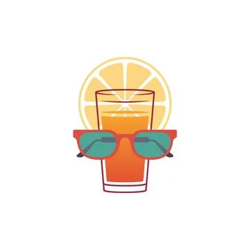 Summer vacation tropical orange slice juice glass with sunglasses 80s vintage Illustrazione stock