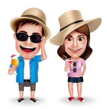 Summer Vacation Vector Characters of Couples Drinking Juices Stock Illustration