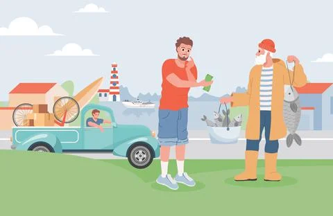 Summer vacation vector flat illustration. Man buying fresh fish from fisherman Stock Illustration