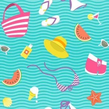 Summer vacation vector flat style seamless background pattern Stock Illustration