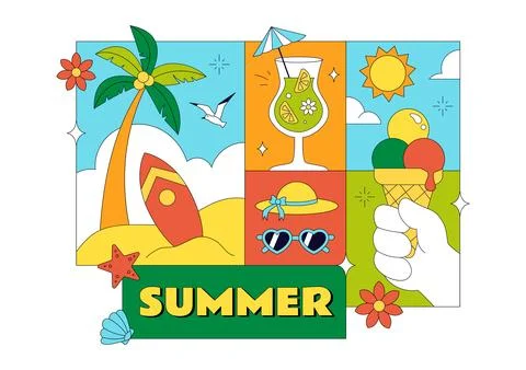 Summer Vacation Vector Illustration Featuring Beach Activities, Tropical El.. 스톡 일러스트