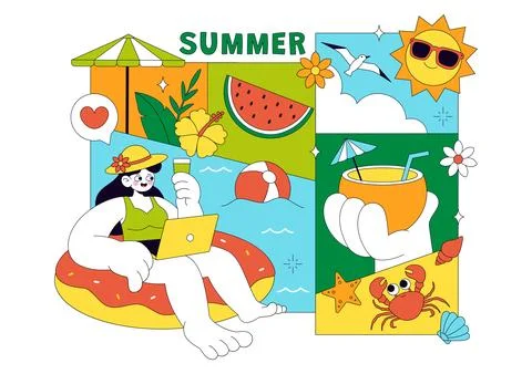 Summer Vacation Vector Illustration Featuring Beach Activities, Tropical El.. 스톡 일러스트
