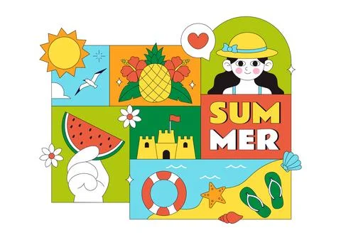 Summer Vacation Vector Illustration Featuring Beach Activities, Tropical El.. 스톡 일러스트
