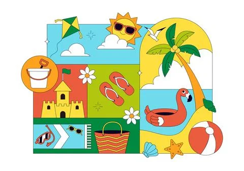 Summer Vacation Vector Illustration Featuring Beach Activities, Tropical El.. 스톡 일러스트