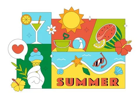 Summer Vacation Vector Illustration Featuring Beach Activities, Tropical El.. 스톡 일러스트