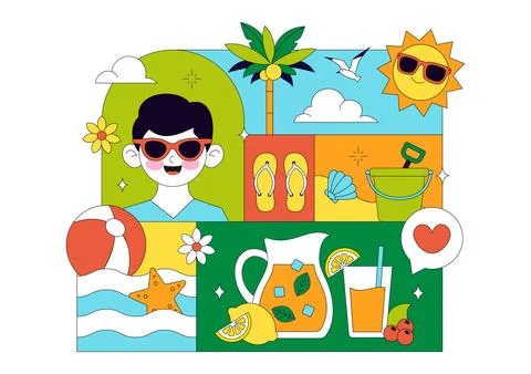 Summer Vacation Vector Illustration Featuring Beach Activities, Tropical El.. 스톡 일러스트