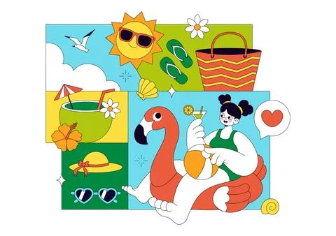 Summer Vacation Vector Illustration Featuring Beach Activities, Tropical El.. 스톡 일러스트