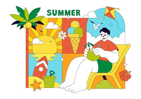 Summer Vacation Vector Illustration Featuring Beach Activities, Tropical El.. 스톡 일러스트