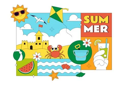 Summer Vacation Vector Illustration Featuring Beach Activities, Tropical El.. 스톡 일러스트