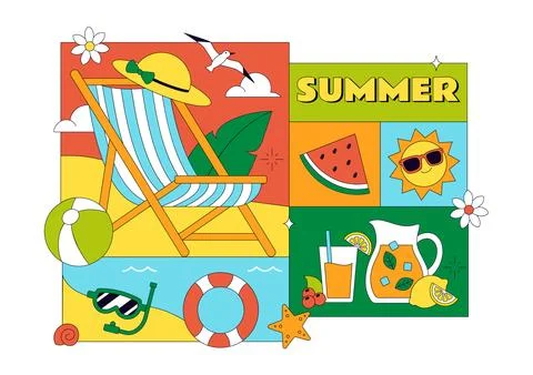 Summer Vacation Vector Illustration Featuring Beach Activities, Tropical El.. Stock Illustration