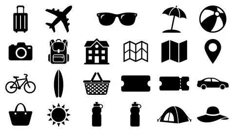 Summer vacation vector solid icons set of travel gear and beach holiday ele.. Stock Illustration