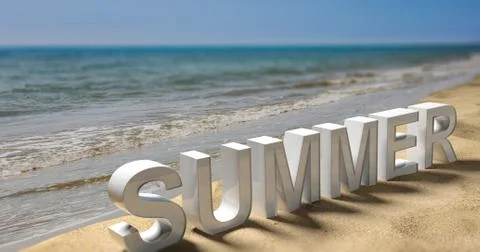 Summer vacations concept. Summer text on a sandy beach. 3d illustartion Illustration
