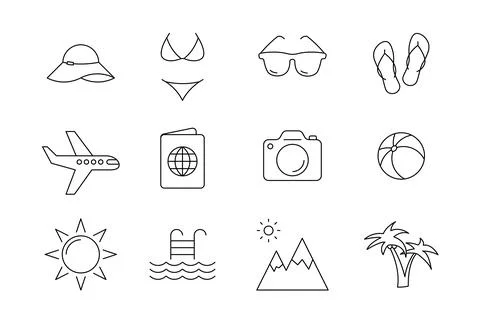 Summer vacations linear icons on the beach and travel Stock Illustration