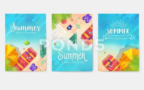 Summer vecetion time vector brochure cards set. Ecology template of flyea Stock Illustration