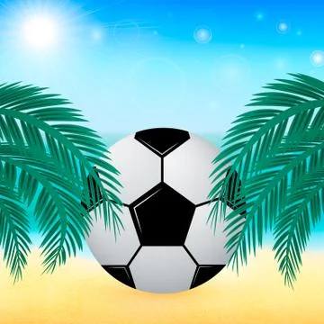 Summer vector background with sea, palm leaves and Soccer ball. Blurred bokeh Stock Illustration