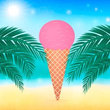 Summer vector background with sea, palm leaves and cone ice cream. Blurred bo Stock Illustration