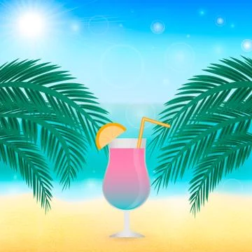 Summer vector background with sea, palms and glass of cocktail. Blurred bokeh Stock Illustration