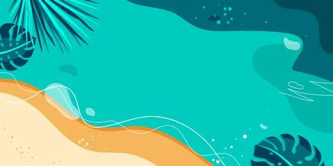 Summer vector background. Wave water, sea, beach, sand with palm and monstera Illustrazione stock