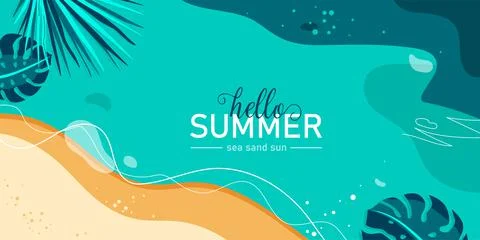 Summer vector background. Wave water, sea, beach, sand with palm and monstera Stock Illustration