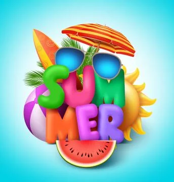 Summer vector banner design with colorful text with elements Stock Illustration