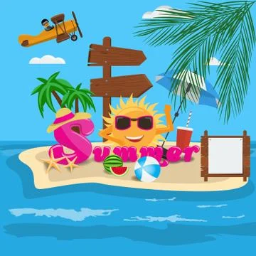Summer vector banner design concept with summer cartoon calligraphy and beach Illustrazione stock