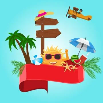 Summer vector banner design concept with Red empty ribbon for your text. Stock Illustration