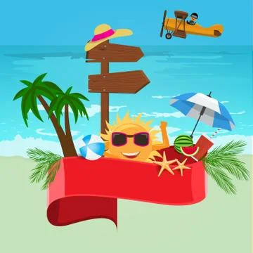 Summer vector banner design concept with sea or ocean background and Red empty Stock Illustration