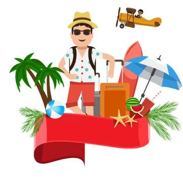 Summer vector banner design concept with a tourist man standing with travel Stock Illustration