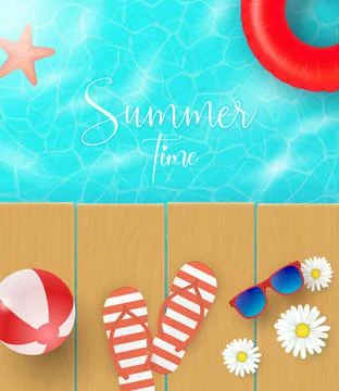 Summer vector banner design concept of 3d beach wood with summer elements and Stock Illustration