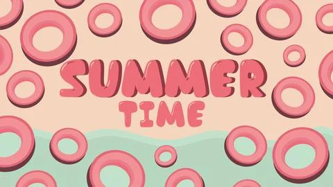 Summer vector banner with pink inflatable circles on sand and sea background Stock Illustration