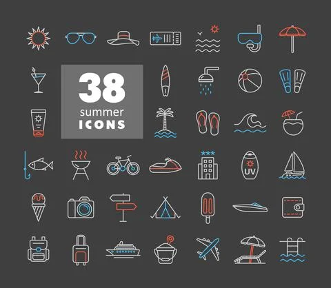 Summer vector flat icons set. Summertime sign Stock Illustration